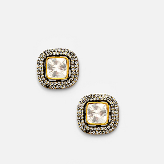 Luminous Halo Earrings by Arka Jaipur – cushion-cut moissanite studs with double halo in gold-plated silver