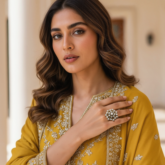 Luna Bloom Ring "Floral pearl statement ring in antique gold by Arka Jaipur, handcrafted Indian jewelry"