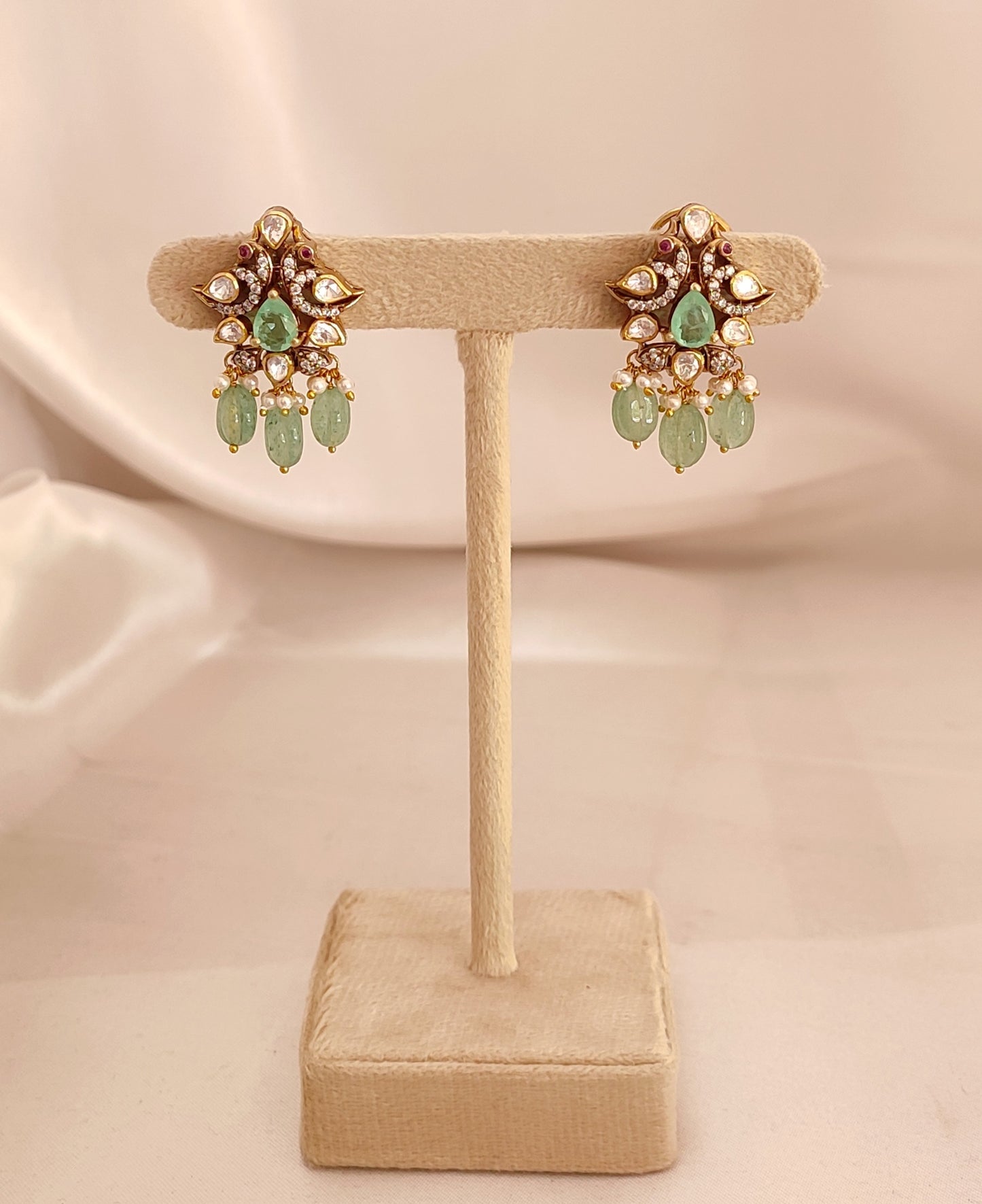Meher-e-Panna silver jewelry earrings with green stones and beads