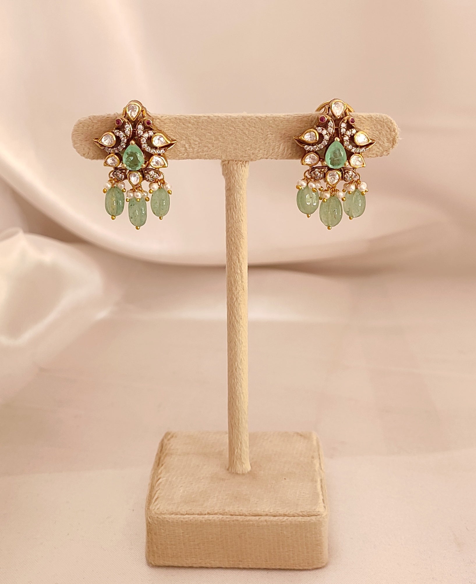 Meher-e-Panna silver jewelry earrings with green stones and beads
