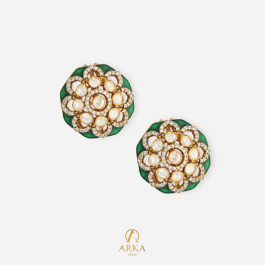 Mystical Mandala Earrings | Moissanite & CZ Enamel Studs by Arka Jaipur, eaturing floral mandala design with moissanite stones, CZ diamond outline, and green enamel base in antique gold finish sterling silver Jewelery