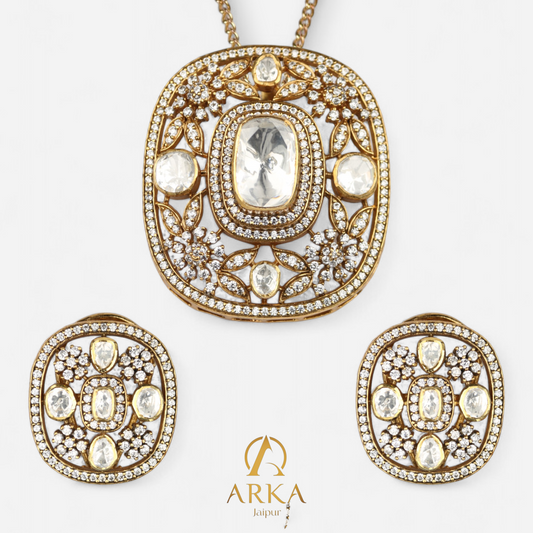 Arka Jaipur Stardust Dreams gold-plated pendant and earring set with kundan-style polki stones and floral crystal detailing