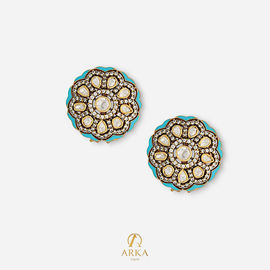 Oceanic Bloom Earrings | Designer Moissanite Polki & CZ Studs | Arka Jaipur Jewelry, handcrafted moissanite polki and CZ stud earrings with turquoise enamel detailing. Perfect for weddings, festive wear, and timeless elegance.