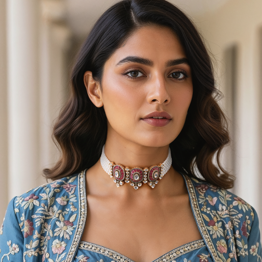 "Arka Jaipur regalia  ruby pearl choker  in 925 sterling silver with kundan and CZ stones, heritage-inspired bridal jewellery, handcrafted statement necklace"