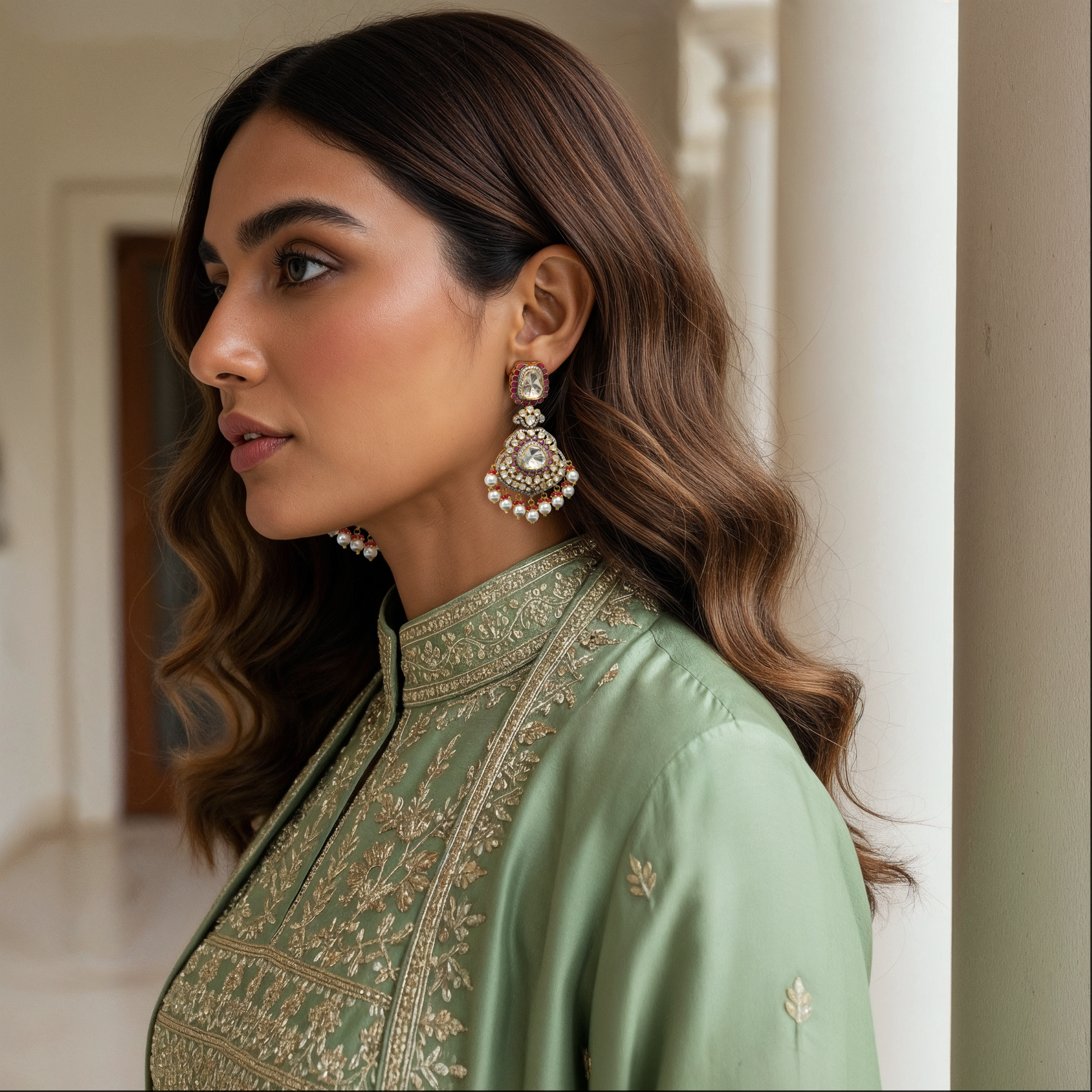 A woman wearing the Rosetta Royale Earrings with a traditional outfit
