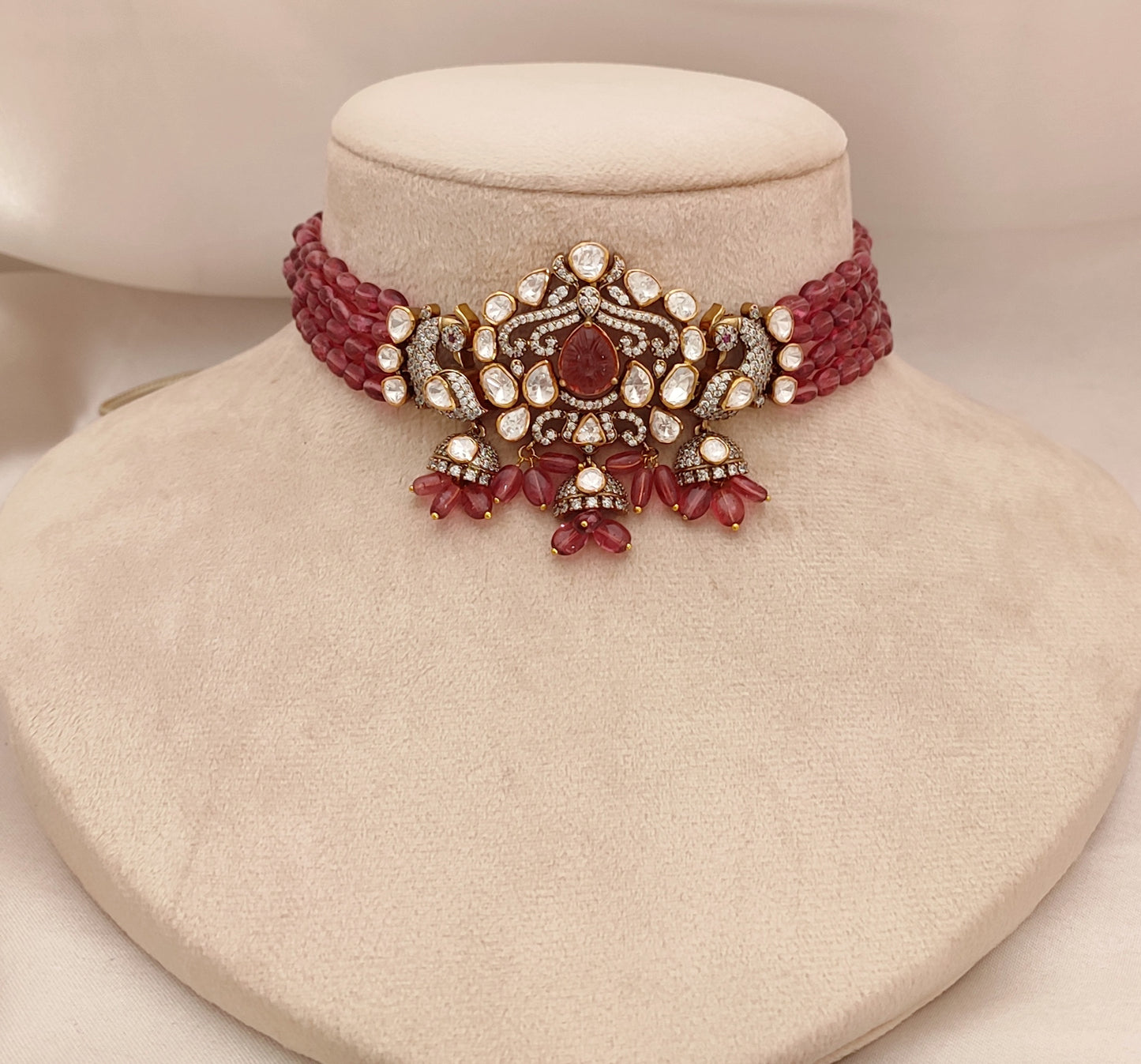 Ruby Haze Silver Choker with ruby toned stones and beads