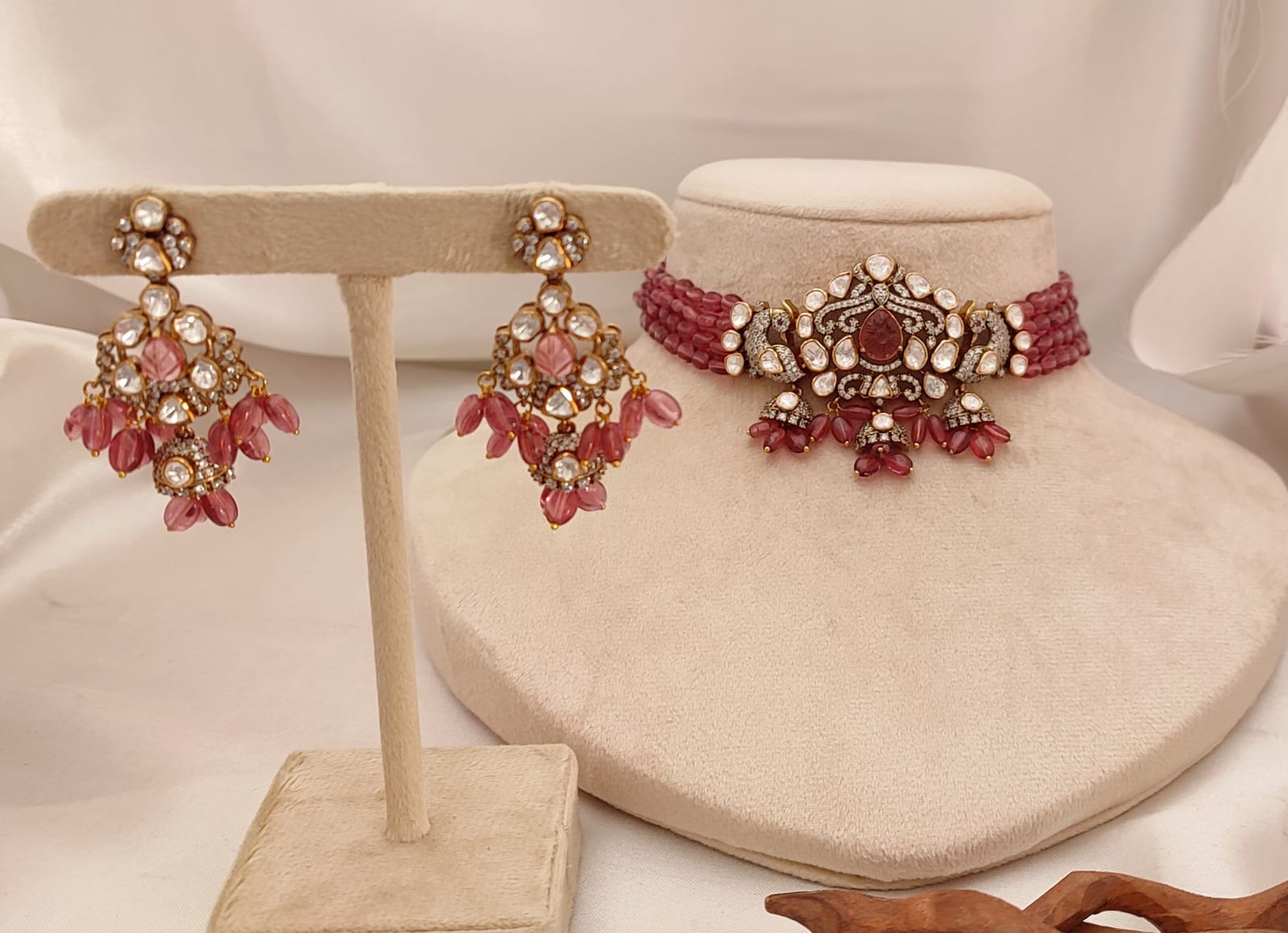 Ruby Haze Silver Choker Set with ruby toned stones and beads