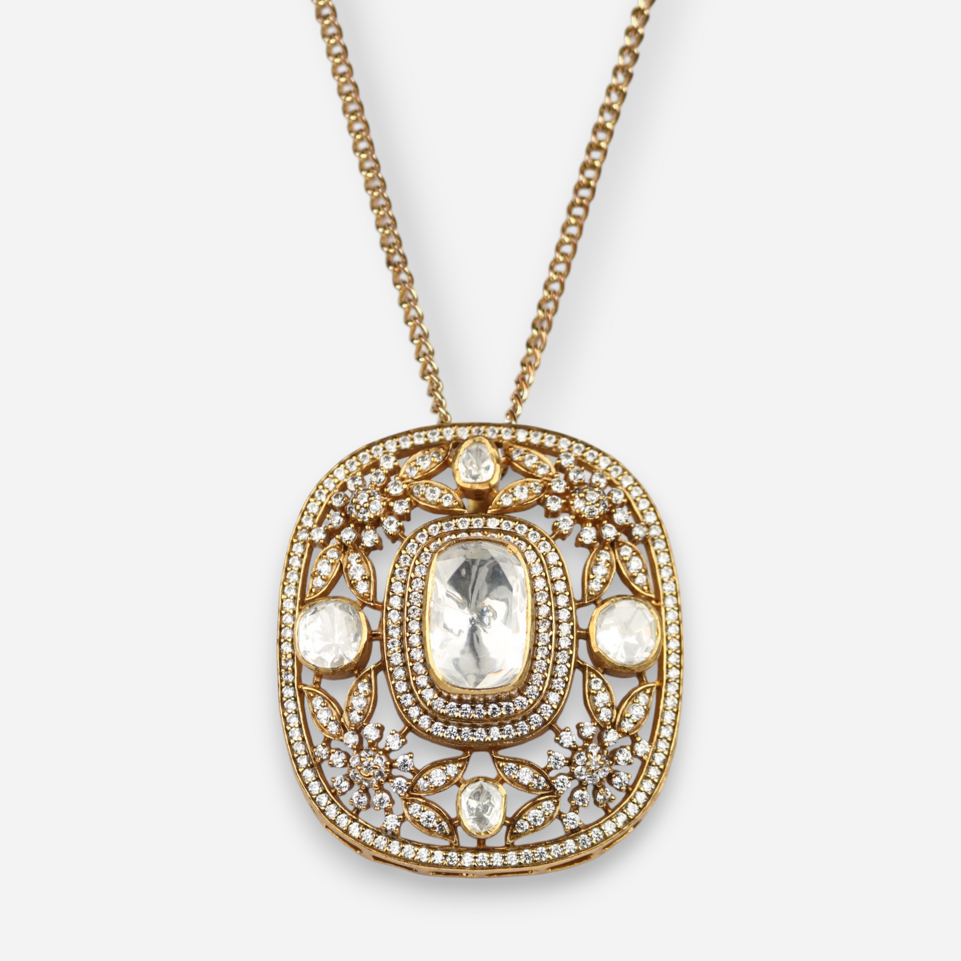 Arka Jaipur Star Dust Dreams gold-plated pendant necklace with kundan-style polki stones and intricate floral detailing, traditional Indian statement jewelry