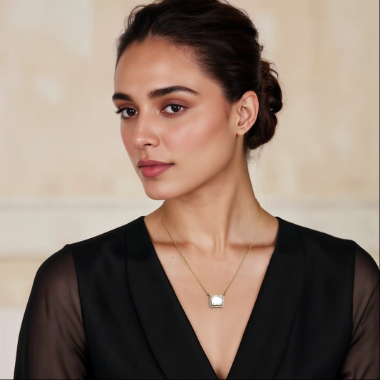 Trinity Glow Pendant by Arka Jaipur – square moissanite center stone with halo setting on gold-plated chain