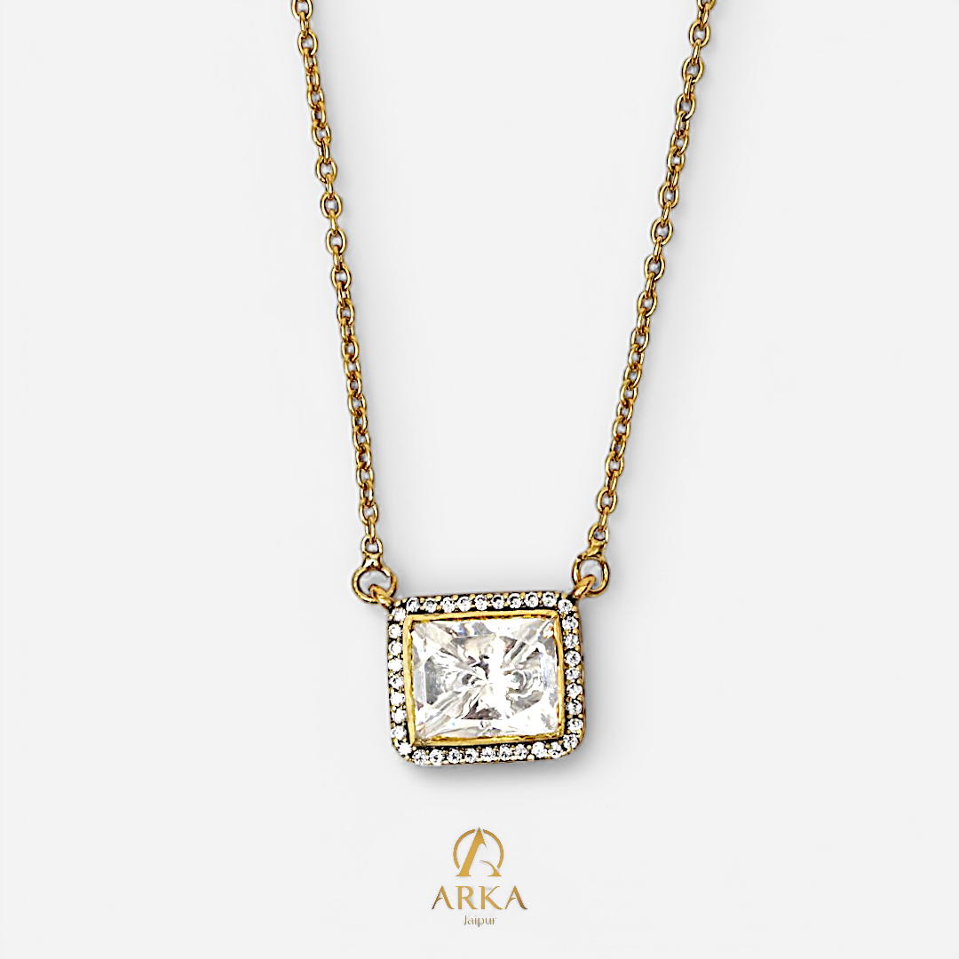 Trinity Glow Pendant by Arka Jaipur – square moissanite center stone with halo setting on gold-plated chain
