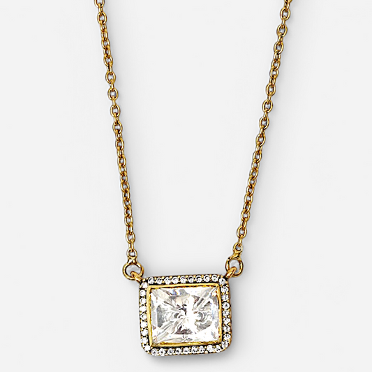 Trinity Glow Pendant by Arka Jaipur – square moissanite center stone with halo setting on gold-plated chain
