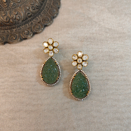"Gold-plated Verdant Aura silver Earrings with carved green stones and moissanite floral cluster by Arka Jaipur, luxury handcrafted jewelry inspired by Mughal heritage"