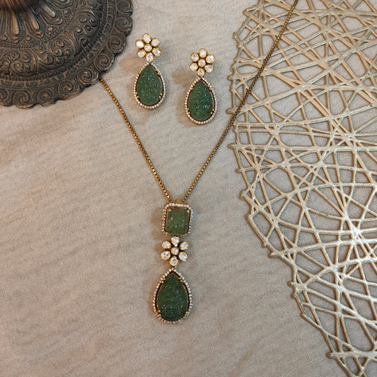 "Gold-plated Verdant Aura Pendant Set silver pendant with carved green stones and moissanite floral cluster by Arka Jaipur, luxury handcrafted jewelry inspired by Mughal heritage"