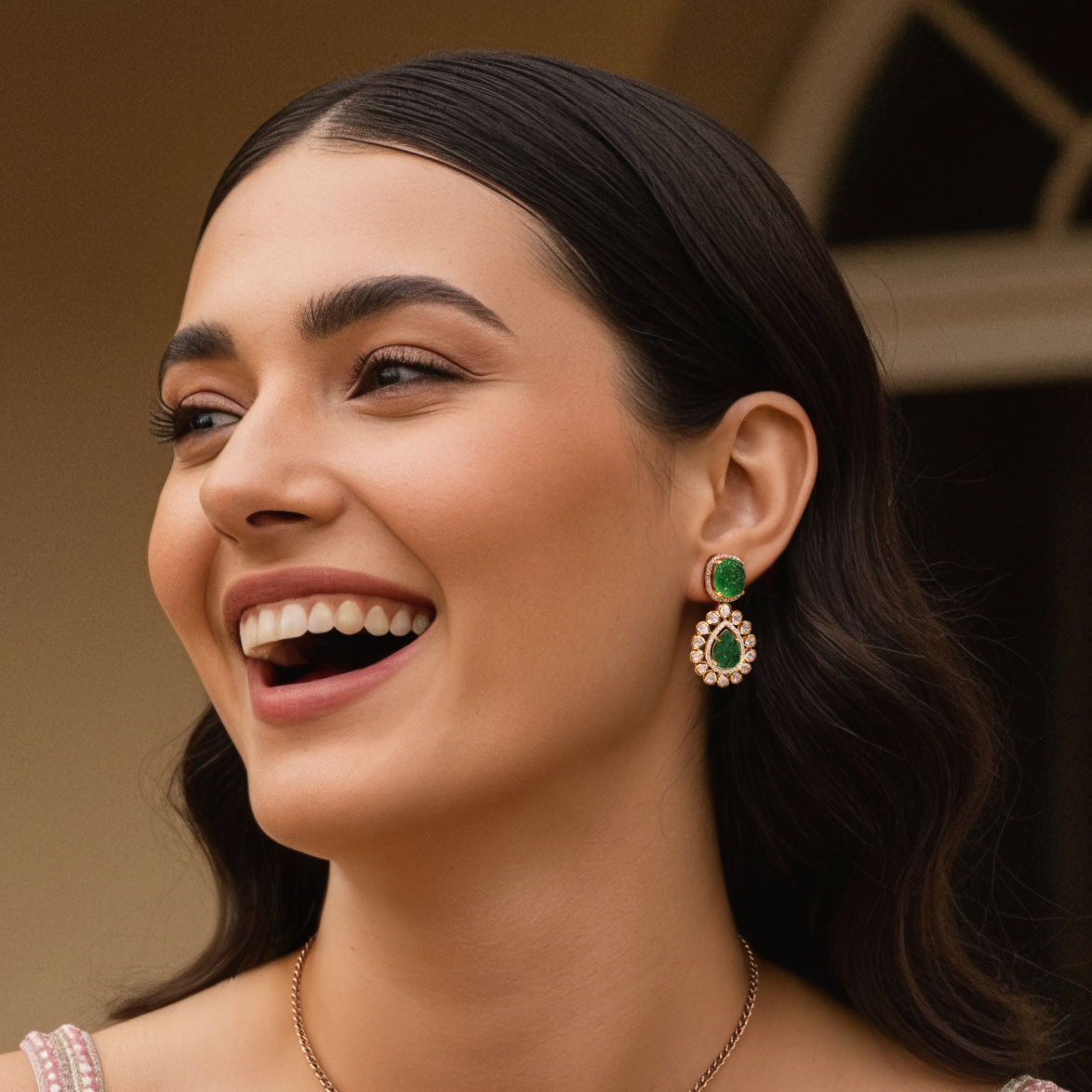 Arka Jaipur Vintage Emerald Charm handcrafted Pendant Set with carved emerald green stones, Polki diamond halo, and gold finish – heritage inspired statement jewelry.