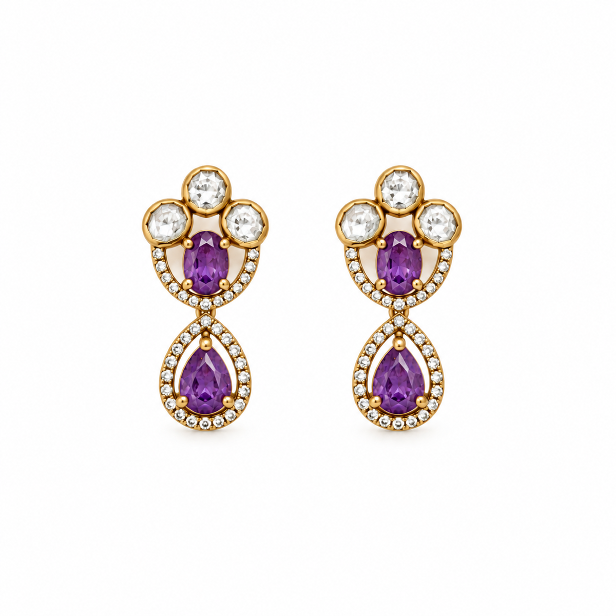 A pair of gold drop earrings featuring purple pear-cut center stones, surrounded by clear round and marquise-cut stones in gold settings, shown on a plain white background.