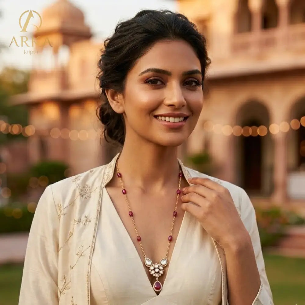 Crimson Bloom Red Ruby Floral Pendant with Polki Accents and Bead Chain by Arka Jaipur