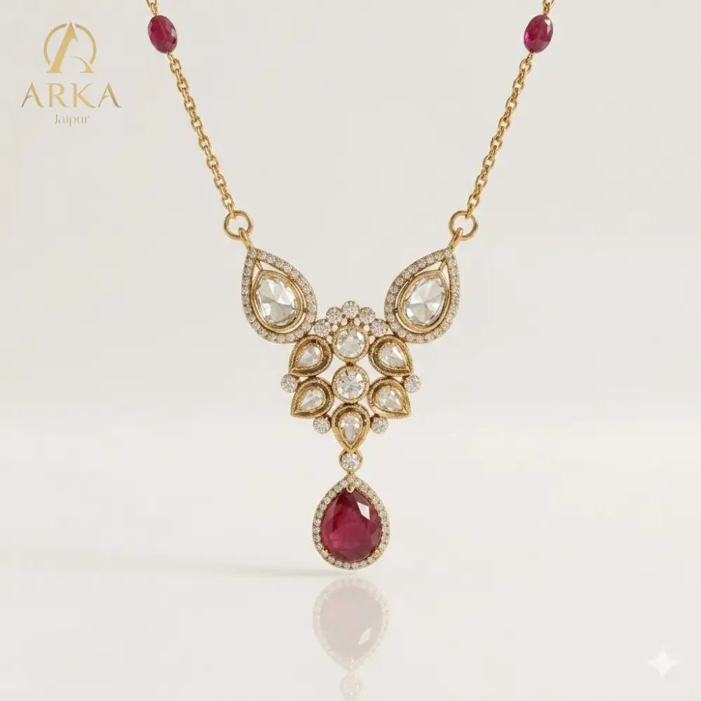 Crimson Bloom Red Ruby Floral Pendant with Polki Accents and Bead Chain by Arka Jaipur