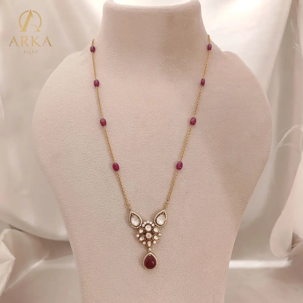 Crimson Bloom Red Ruby Floral Pendant with Polki Accents and Bead Chain by Arka Jaipur