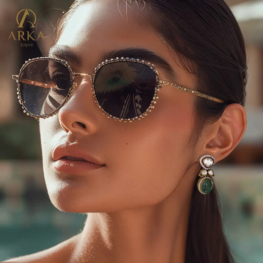 Arka Jaipur Emerald Dewdrop earrings with polki-style stones, carved green center, and gold-plated finish
