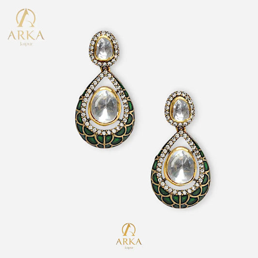 "Emerald Embrace Earrings by Arka Jaipur – teardrop kundan earrings with green enamel, diamond accents, and timeless Indian jewelry design"