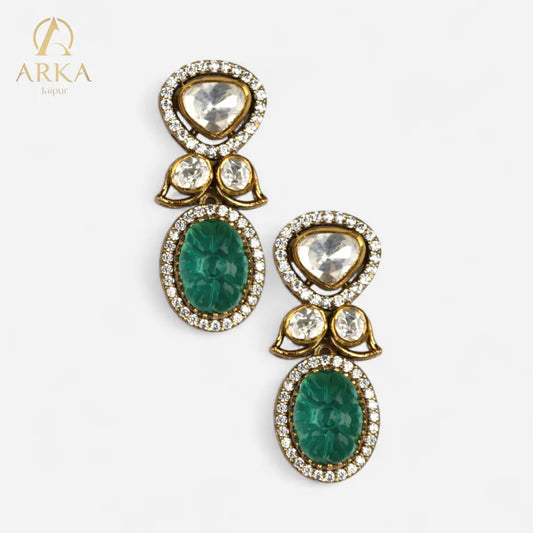 EmeraldEmpressearringsbyArkaJaipur_handcraftedgold-platedsilverearringswithcarvedemerald-greenstones_moissanitepolki_andahaloofCZdiamonds_perfectforluxuryoccasions.