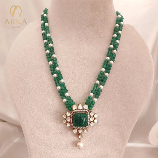 Emerald Noor Necklace – Emerald Beaded Polki Statement Necklace | Arka Jaipur