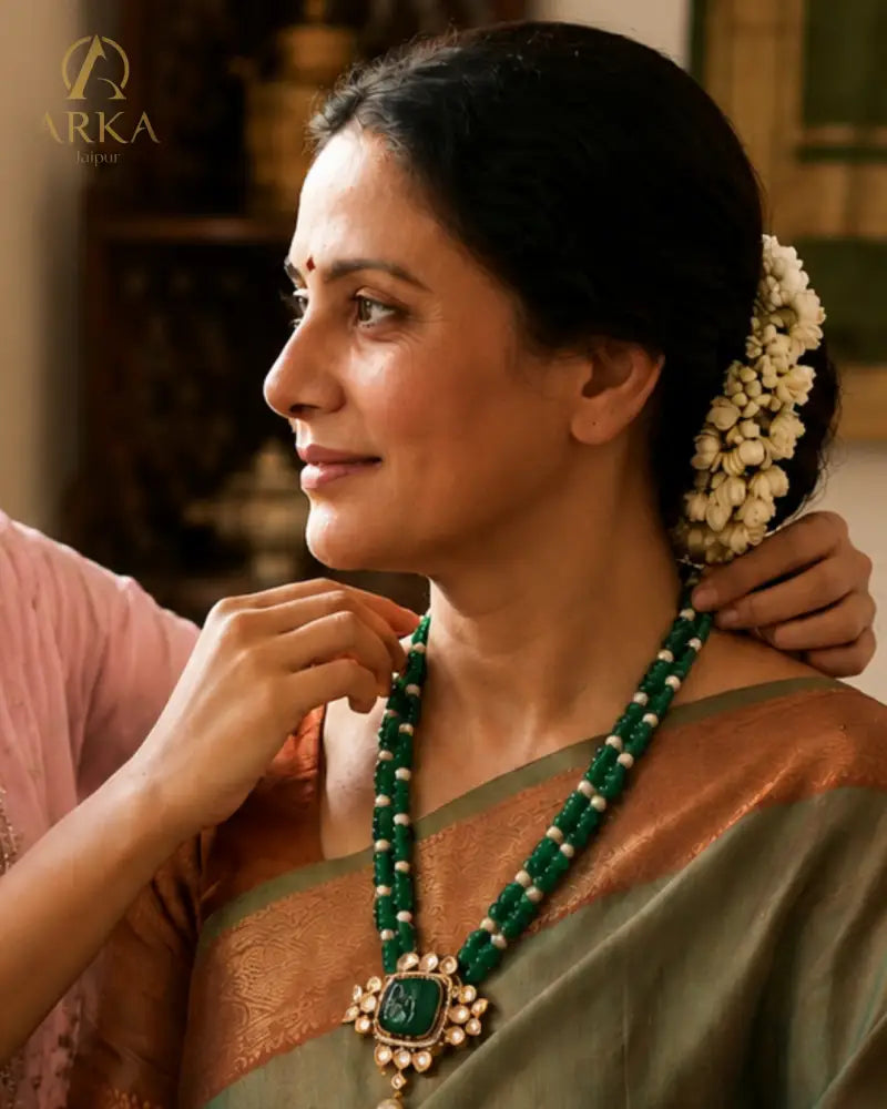 Emerald Noor Necklace – Emerald Beaded Polki Statement Necklace | Arka Jaipur