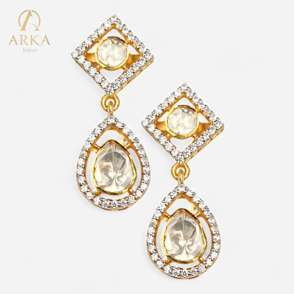 Arka Jaipur Equilibrium Elegance earrings with kundan-style polki stones, teardrop and diamond-shaped design, gold-plated finish, and crystal accents for bridal and festive wear