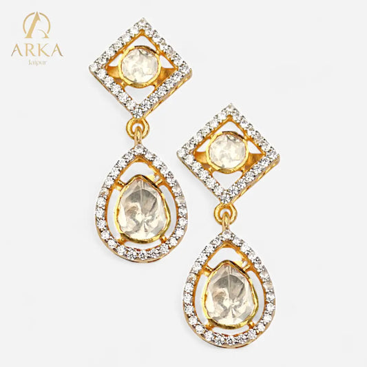 Arka Jaipur Equilibrium Elegance earrings with kundan-style polki stones, teardrop and diamond-shaped design, gold-plated finish, and crystal accents for bridal and festive wear