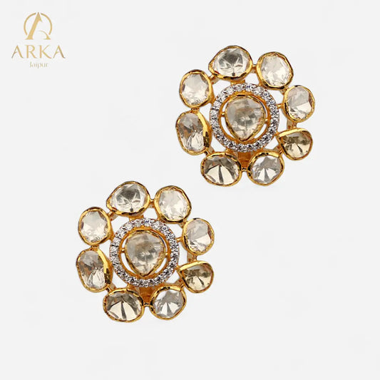 Arka Jaipur Floral Fiesta gold-plated stud earrings with kundan-style polki stones in a floral design, traditional Indian bridal and festive jewelry