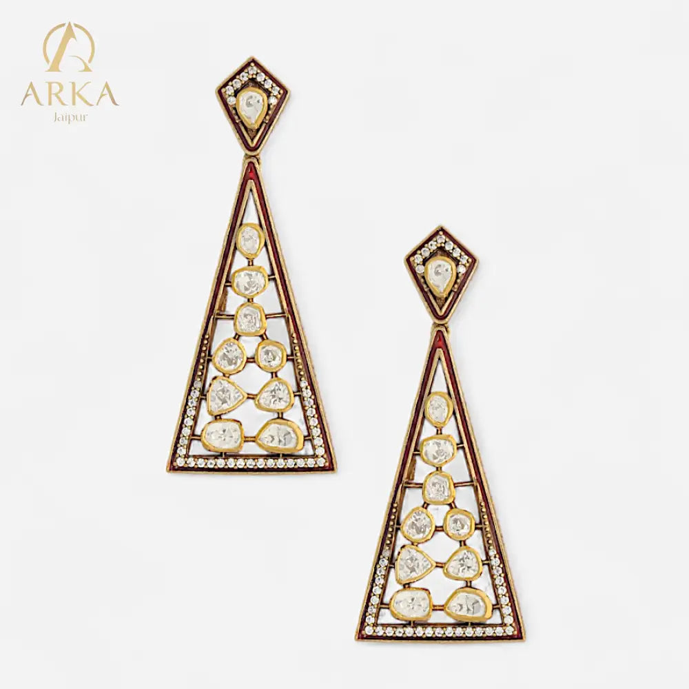 Geometric Grace earrings by Arka Jaipur – triangular moissanite-studded silver earrings with gold and enamel detailing