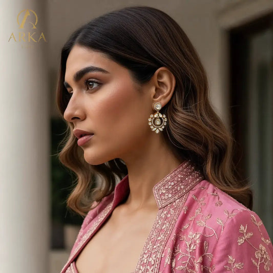 "Polki halo earrings in gold polished silver with teardrop and round stones by Arka Jaipur","Traditional handcrafted Polki earrings with CZ detailing from Arka Jaipur","Designer Indian Polki dangler earrings in circular halo design by Arka Jaipur"