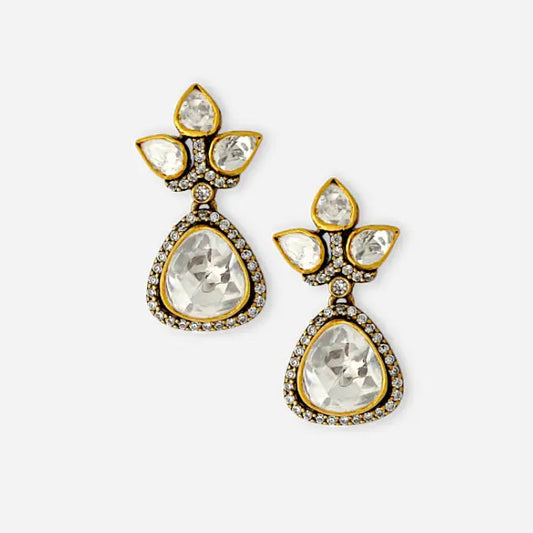 "Lotus Dewdrop Earrings by Arka Jaipur featuring uncut polki-style stones in lotus petal and teardrop shapes, antique gold finish with crystal accents, handcrafted Indian designer jewelry"