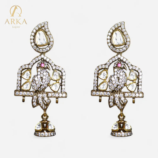 “Majestic Aviary Drops Earrings by Arka Jaipur – designer statement earrings with diamond-studded bird motif, polki stones, jharokha-inspired arch, and gold finish dangler design.”