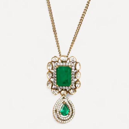 "Panna Vilas Pendant by Arka Jaipur — handcrafted gold-plated pendant with vibrant green gemstone and moissanite accents, inspired by royal heritage jewelry, perfect for weddings and festive occasions."