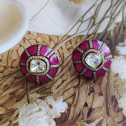 Title: Pink Aura Polki Stud Earrings | Arka Jaipur,Handcrafted pink aura Polki stud earrings in gold-polished silver with CZ detailing. Perfect for weddings, festive wear, and timeless everyday elegance.
