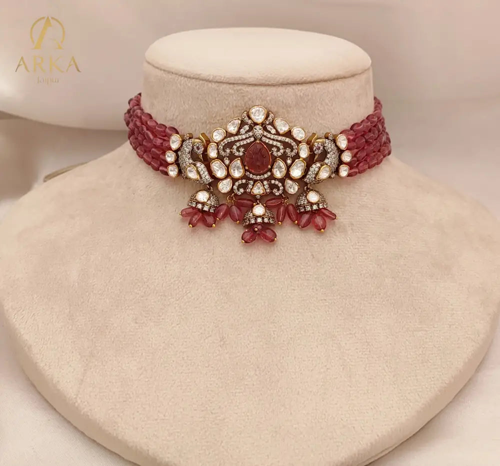 Ruby Haze Silver Choker with ruby toned stones and beads