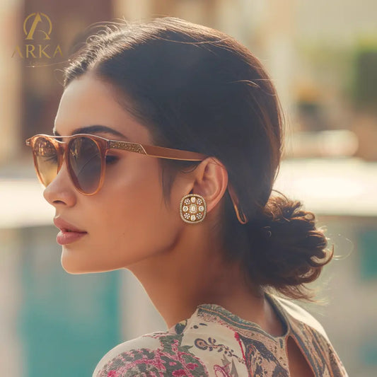 Arka Jaipur Stardust Dreams gold-plated stud earrings with kundan-style polki stones and intricate floral detailing for Indian festive wear