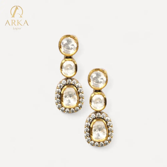 Taarini Earrings by ARKA JAIPUR – handcrafted gold-plated sterling silver drop earrings featuring moissanite and polki-style stones, perfect for bridal and festive wear.