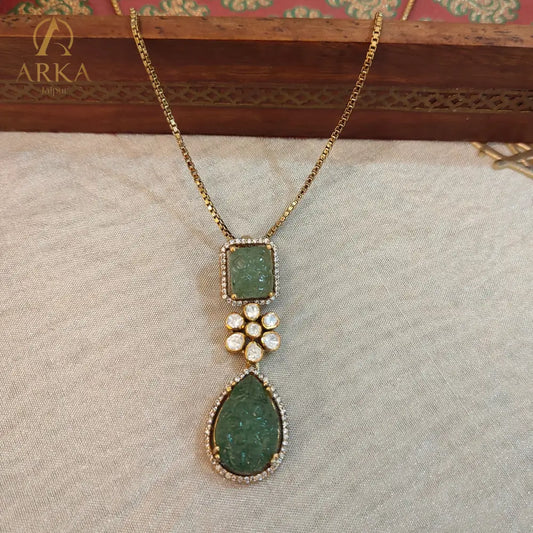 "Gold-plated Verdant Aura silver pendant with carved green stones and moissanite floral cluster by Arka Jaipur, luxury handcrafted jewelry inspired by Mughal heritage"