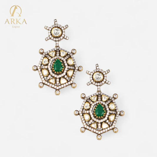 Vrindavan_Vihar_earrings_Arka_Jaipur_handcrafted_gold-plated_silver_earrings_central_pear-shaped_green_stone_surrounded_by_moissanite_polki_in_an_intricate_starburst_design
